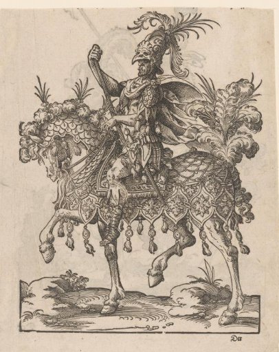 Man on horseback dressed as Mars