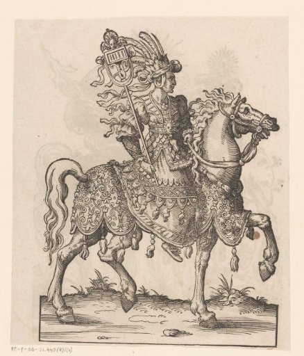 Man on horseback dressed as Aurora