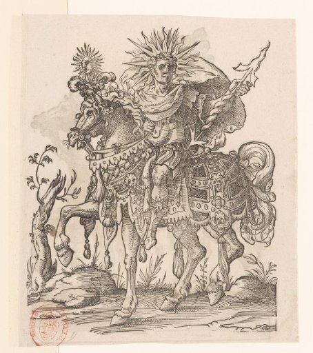 Man on horseback dressed as Apollo