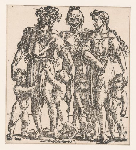 Adam with Eve and children and with Death as a skeleton