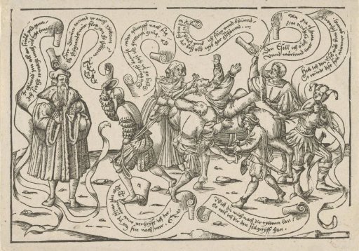 Satirical Print with a Man Sitting on a Donkey, a Jester and Other Figures