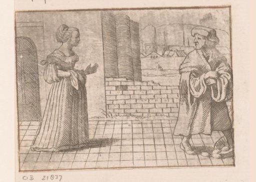 Erasmus steps into a basket of eggs while turning to look at a beautiful woman