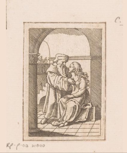 Old bearded philosopher strokes the bosom of a young woman