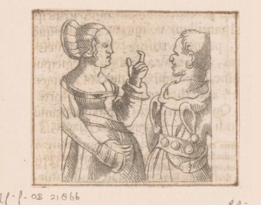 A Fool turns towards a gesturing woman