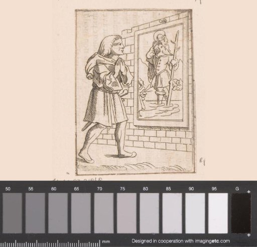 A Fool praying before an image of Saint Christopher