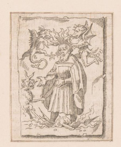 Canvas with an image of the burning of a heretic who is crowned with a crown of fire by devils