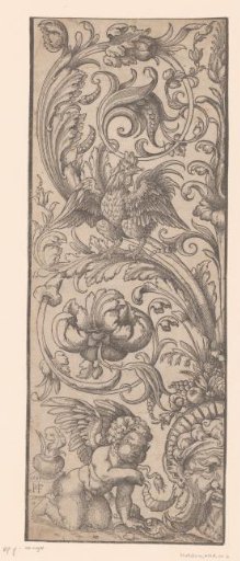 Ornament with a kneeling putto and a rooster