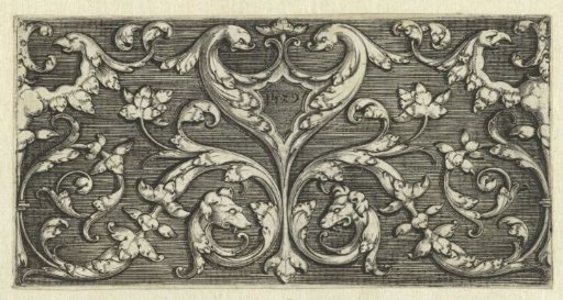 Ornament with two dolphins and two dog heads