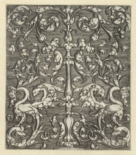 Ornament with two fantastical animals and a candelabrum