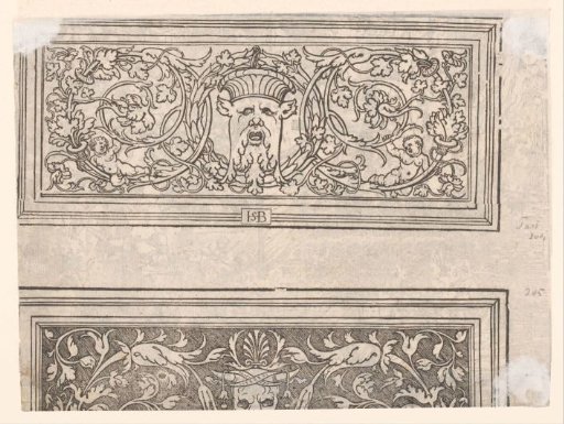 Ornament with a mask and a fragment of an ornamental print with an ox skull