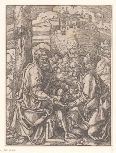 Christ anointing the feet of a seated man with attributes a trowel and a square; perhaps Christ comforting the apostle Thomas on his journey to India