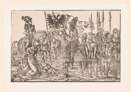Woman with a dead child, kneeling before a prince on horseback accompanied by foot soldiers