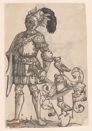 Knight beside a coat of arms