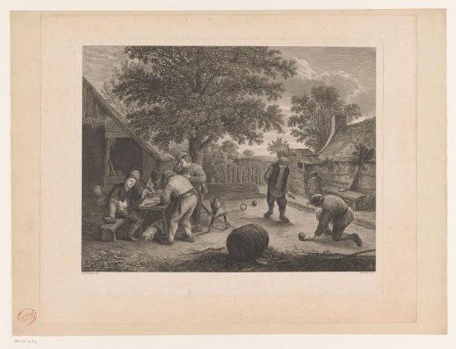 Courtyard with people drinking and playing ball