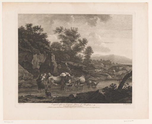 Landscape with shepherds and cattle wading through a stream