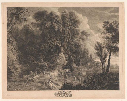 Landscape with shepherds and flock at a watering place