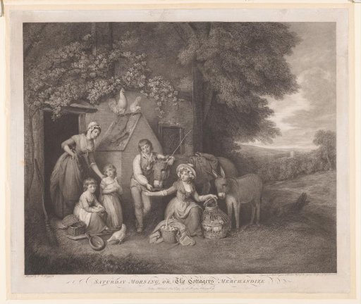 Boy with a mule and girl with eggs and chickens selling their wares door-to-door