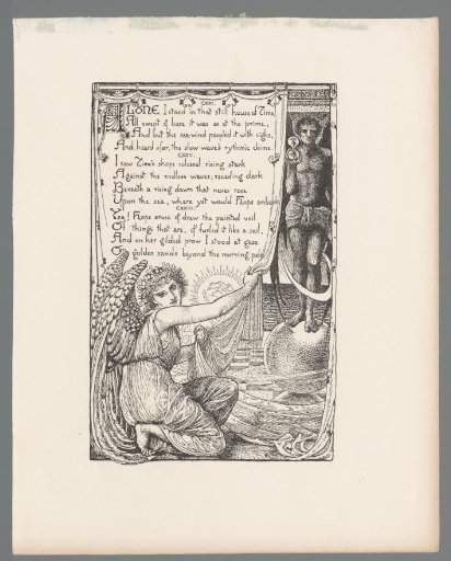 Cartouche with winged man and woman by a curtain