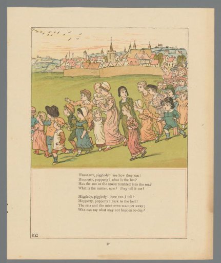 View of a town with a procession of children in the foreground
