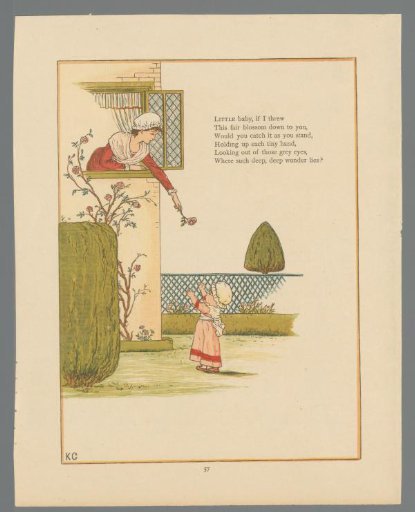 Woman gives a child a rose from a window