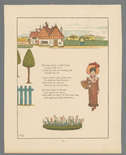 Girl with flower basket near a house