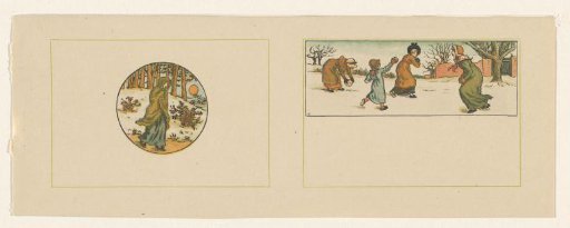 Woman in a Winter Landscape and Four Figures Playing in the Snow