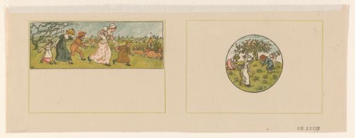 Family wading in the rain and figures picking flowers