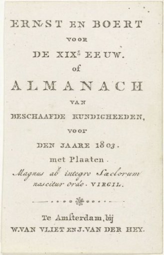Title page for: Seriousness and Jest for the 19th Century, or Almanac of Civilized Knowledge, for the year 1803. Amsterdam : 1803