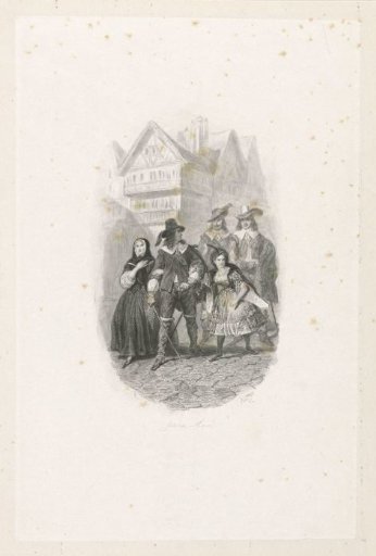 Company in armour and two men in a street