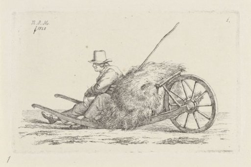 Sitting man by a wheelbarrow with hay