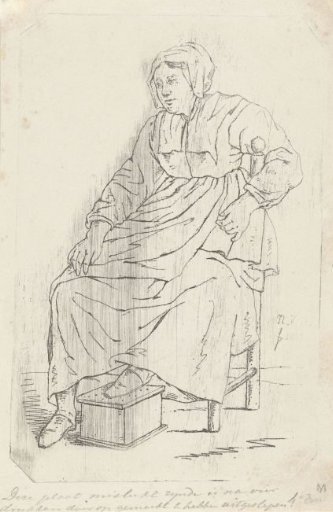 Seated woman with foot on foot warmer