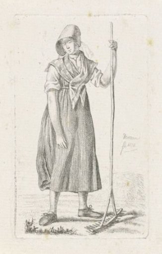 Standing peasant woman with a rake