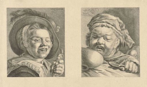Crying child with a napkin / Smiling girl with a doll