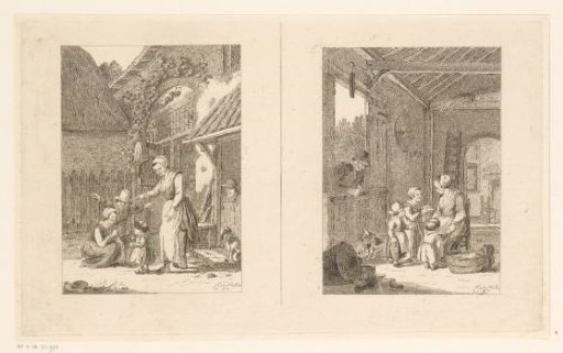 Two representations of a mother with children
