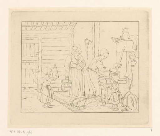 Women and children in an interior near a water pump