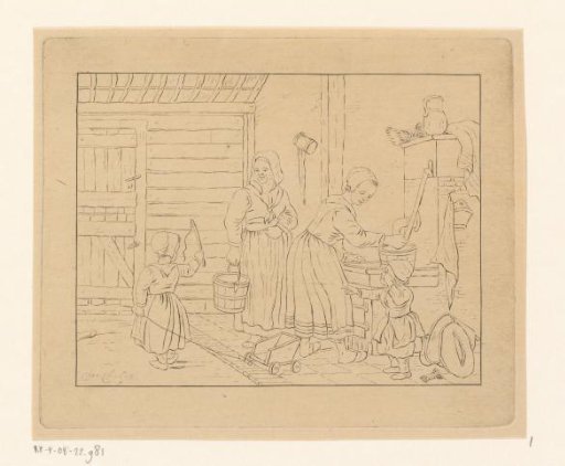 Women and children in an interior near a water pump