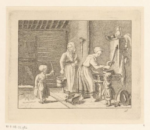 Women and children in an interior near a water pump