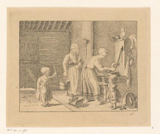 Women and children in an interior near a water pump