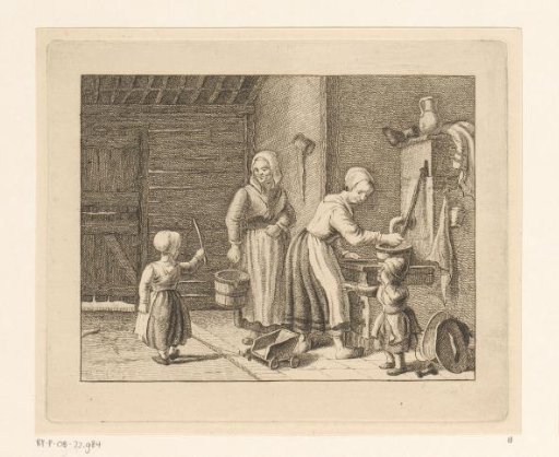 Women and children in an interior near a water pump