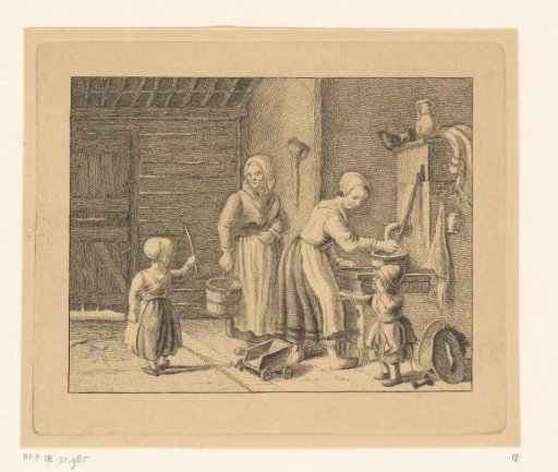 Women and children in an interior near a water pump