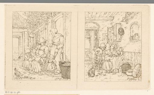 Family in front of a house and a woman with children