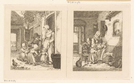 Family in front of a house and a woman with children