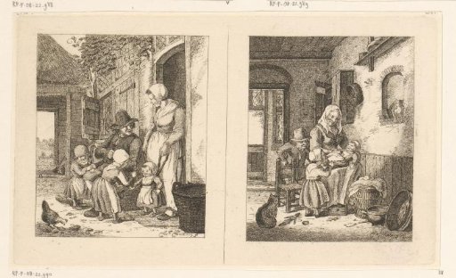 Family in front of a house and a woman with children
