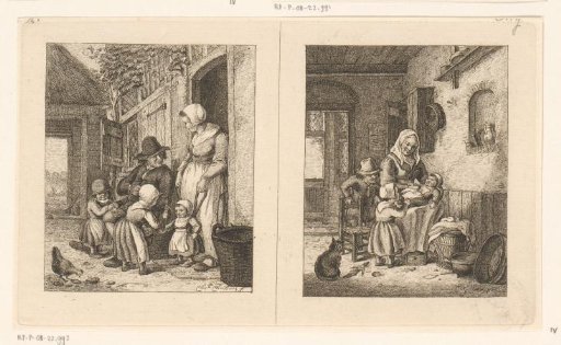 Family in front of a house and a woman with children