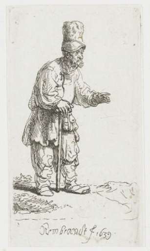 A peasant in a high cap, standing leaning on a stick