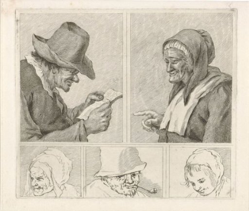 Reading man and old woman and three heads