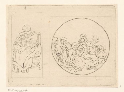 Seated mother with child and playing children
