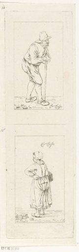 Man leaning on staff and woman with basket