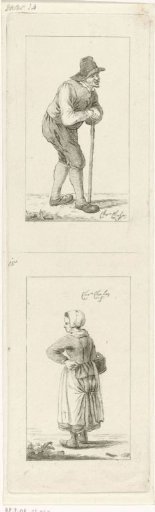 Man leaning on staff and woman with basket