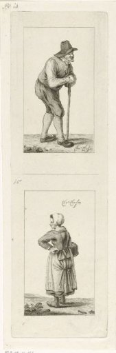 Man leaning on staff and woman with basket